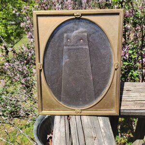 Antique Ornate Brass Oval Glass Picture Frame With Gold Matting & Fabric Backing